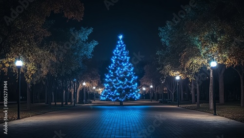 Big Christmas tree standing in a park at night surrounded by string lights