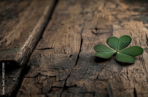 Green Clover Leaf on Rustic Wooden Surface photo