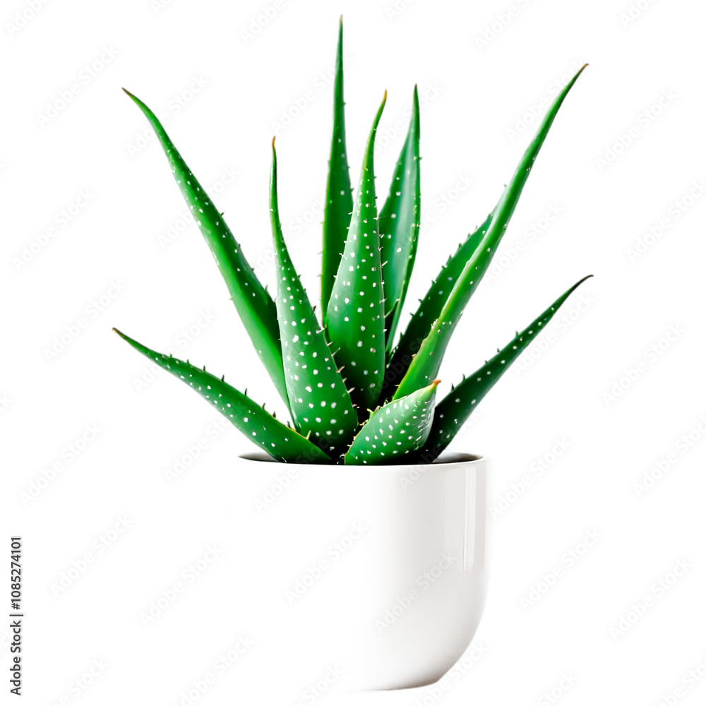 Aloe vera plant in a white ceramic pot with green spiky leaves and white spots, on transparent background