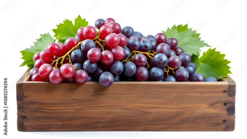 Fresh grapes on wood box isolated on white Fresh grapes on wood box isolated on white