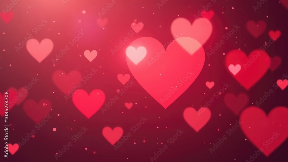 A romantic background image features many glowing red hearts of varying sizes and opacities on a dark red backdrop.  Concept of Valentine's Day love and romance.
