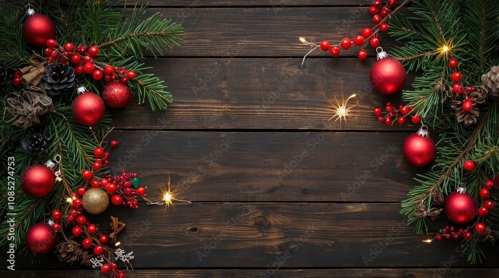 Top view of a christmas frame made of pine twigs, christmas balls, berries and christmas lights with copy space on a rustic wooden plank - generative ai Top view of a christmas frame made of pine twigs, christmas balls, berries and christmas lights with copy space on a rustic wooden plank - generative ai