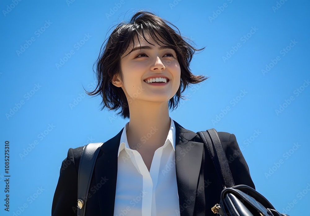 Young Woman Smiling Against a Vivid Blue Sky Young Woman Smiling Against a Vivid Blue Sky