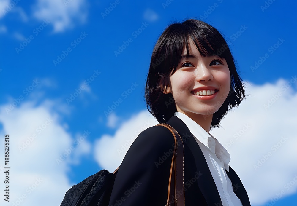 Young Woman Smiles Against Bright Blue Sky Young Woman Smiles Against Bright Blue Sky