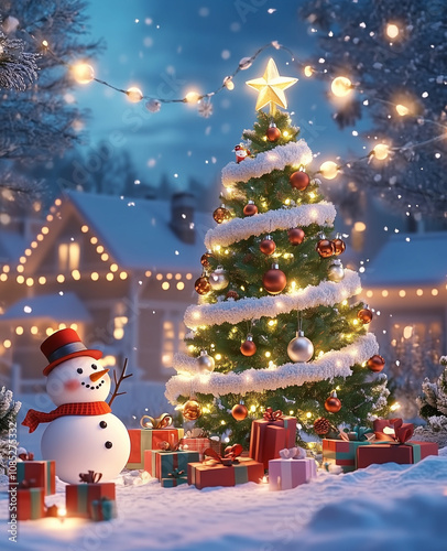 christmas tree and snowman