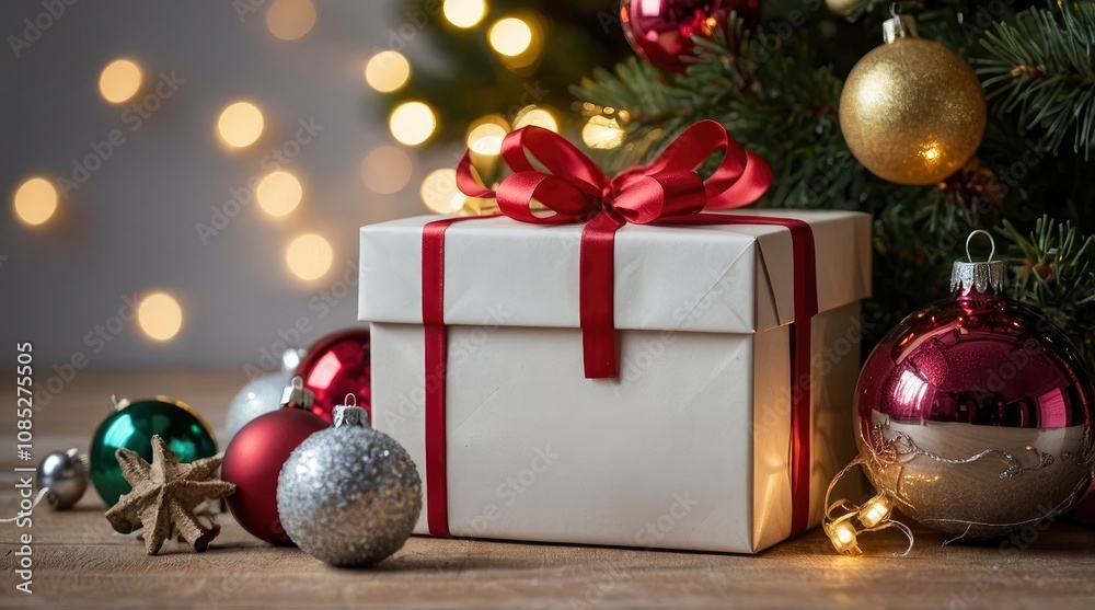 Front view of a gift box beside a blank greeting card with copy space surrounded by christmas balls, pine twigs and christmas lights. Focus on foreground - generative ai Front view of a gift box beside a blank greeting card with copy space surrounded by christmas balls, pine twigs and christmas lights. Focus on foreground - generative ai