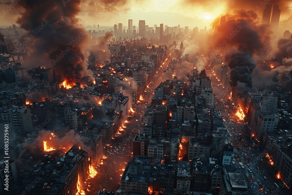 Aerial view of a city engulfed in flames during a massive urban disaster at sunset Aerial view of a city engulfed in flames during a massive urban disaster at sunset