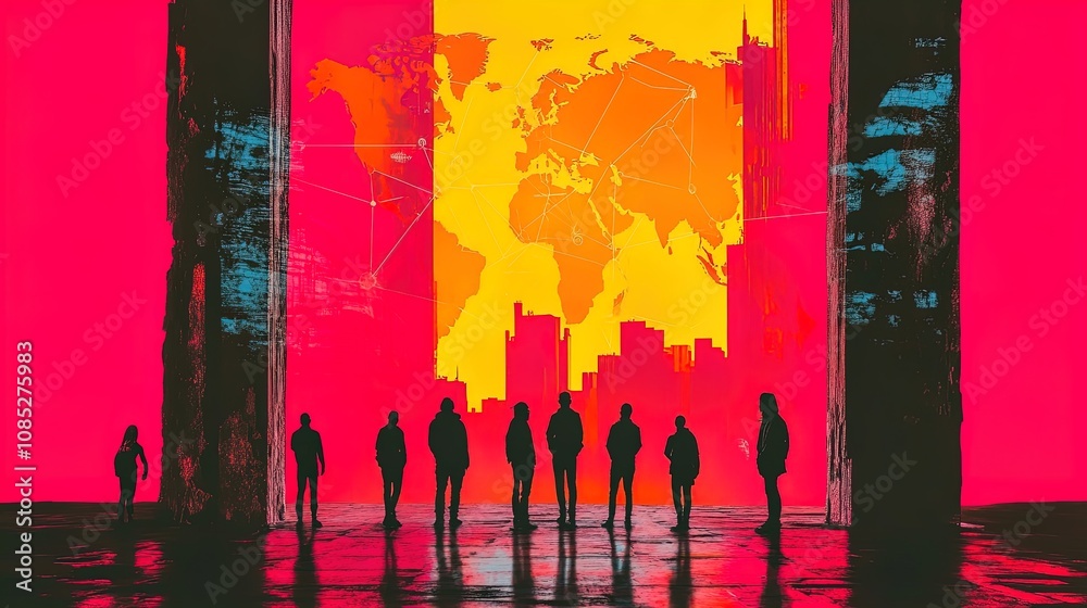 Futuristic City Silhouettes: Embrace Global Vision and Connection with a Stunning Transparent World Map Poster for Your Sports Interior Futuristic City Silhouettes: Embrace Global Vision and Connection with a Stunning Transparent World Map Poster for Your Sports Interior