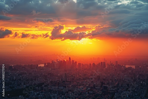 Stunning sunset over a sprawling city skyline with vibrant colors and dramatic cloud formations illuminating the horizon