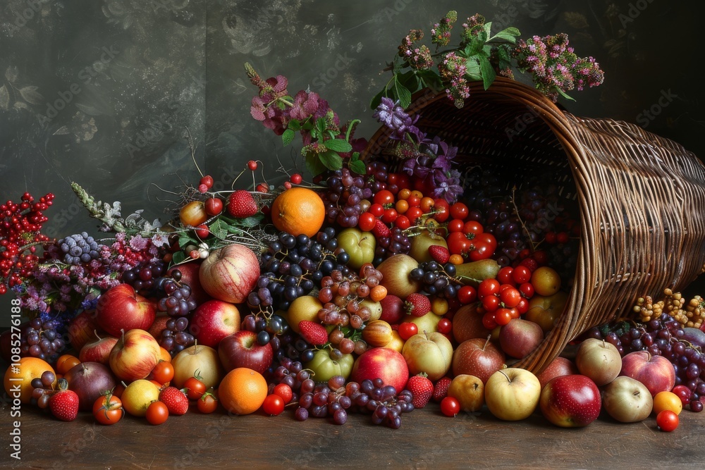 A cornucopia overflowing with fresh fruits and vibrant flowers on a rustic table during a warm afternoon A cornucopia overflowing with fresh fruits and vibrant flowers on a rustic table during a warm afternoon