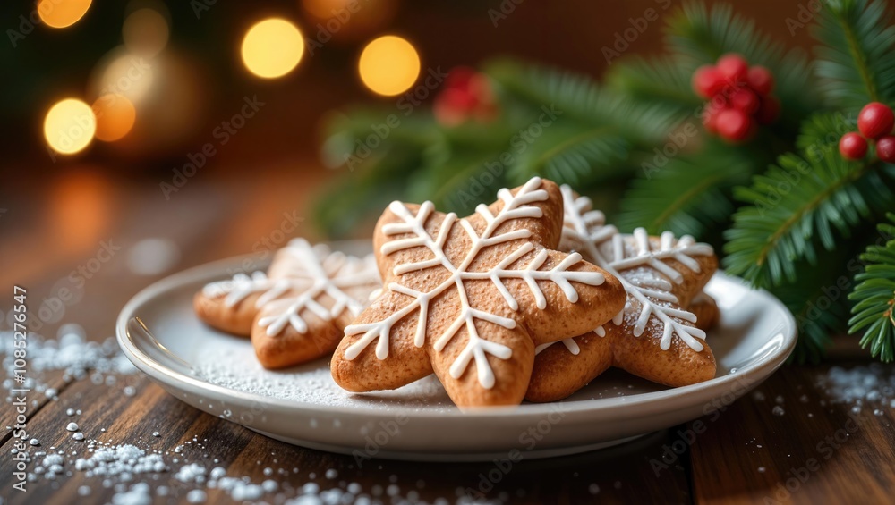 A plate of delicious snowflake-shaped gingerbread cookies sits on a wooden table next to a fir branch, with a blurry background of warm lights. Concept of a cozy Christmas or winter holiday. A plate of delicious snowflake-shaped gingerbread cookies sits on a wooden table next to a fir branch, with a blurry background of warm lights. Concept of a cozy Christmas or winter holiday.