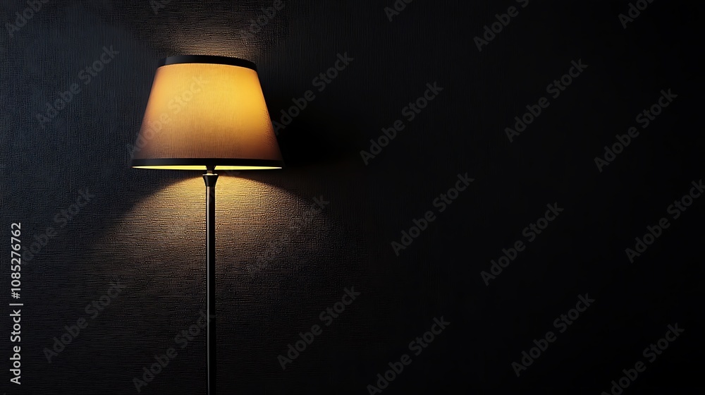 Illuminated floor lamp against a dark textured wall, casting a warm glow. Illuminated floor lamp against a dark textured wall, casting a warm glow.
