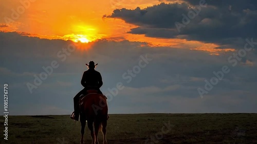 Silhouette of cowboy riding horse against stunning sunset, embodying freedom and adventure in breathtaking landscape filled with nature, sky, and clouds.