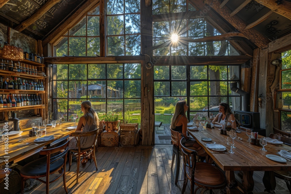 Relaxing dining experience in a rustic cabin with large windows and lush greenery at golden hour