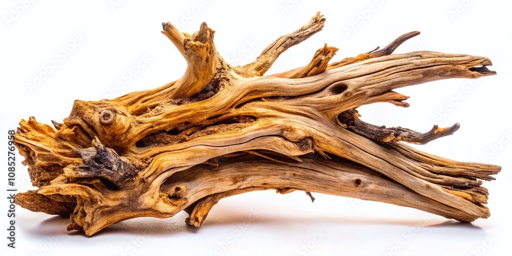 Fototapeta premium Closeup Dry Driftwood Branch, White Background, Portrait Photography