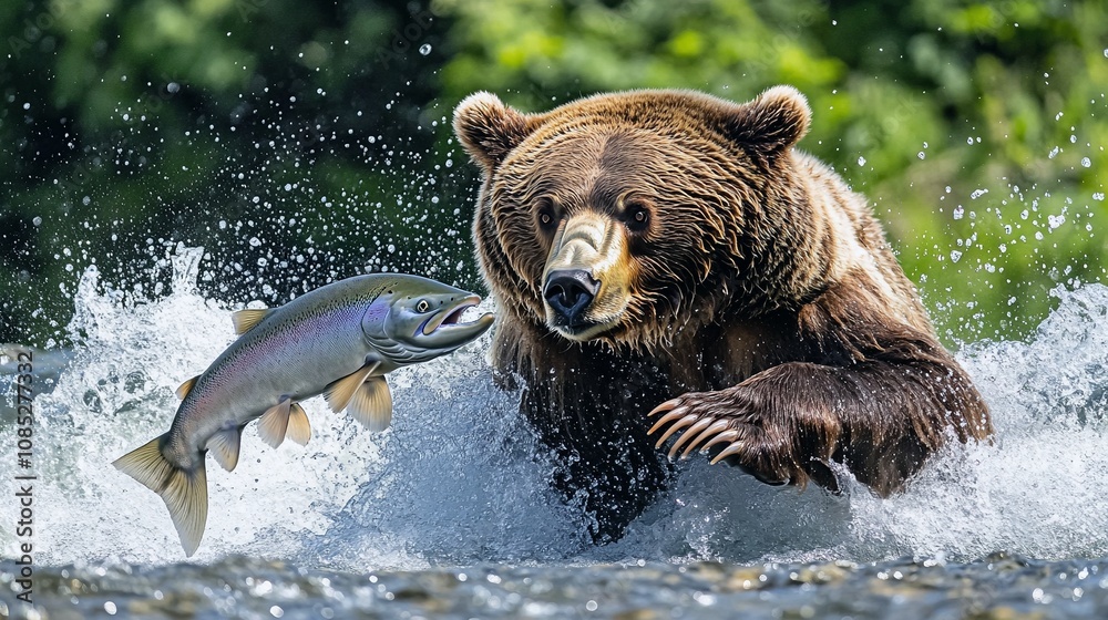 Obraz premium Grizzly Bear Catching Salmon in Waterfall - Nature's Power on Display