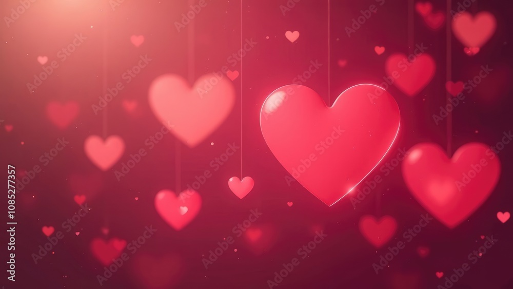 A large, glowing heart hangs in the center of the image, surrounded by smaller, blurred hearts on a deep red background. Concept of romantic Valentine's Day celebration. A large, glowing heart hangs in the center of the image, surrounded by smaller, blurred hearts on a deep red background. Concept of romantic Valentine's Day celebration.