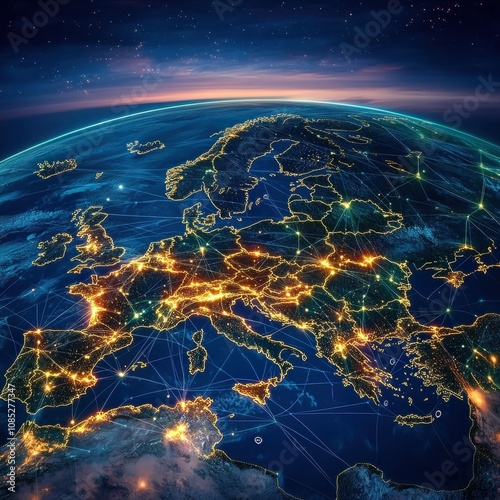 Stunning Satellite View of Europe at Night with Illuminated Cities, Network Connections, and Stargazing Perspective in a Global Context photo