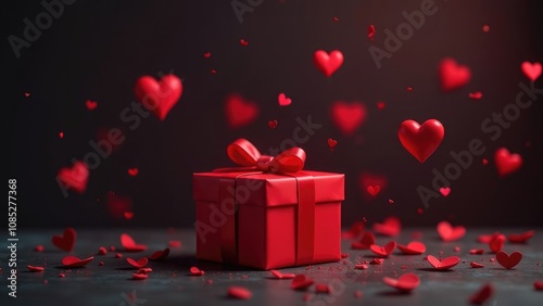 A red gift box with a bow sits on a dark surface surrounded by falling red hearts. Concept of a romantic Valentine's Day gift.