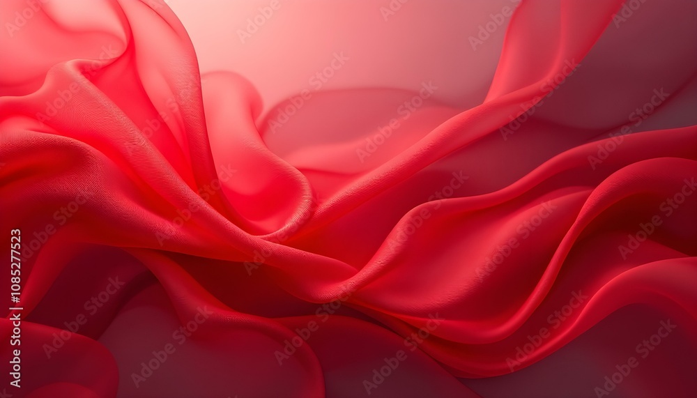 Obraz premium Abstract background featuring semi-transparent red silk fabric with flowing drapery and soft, elegant texture. Red unusual background with subtle rays of light
