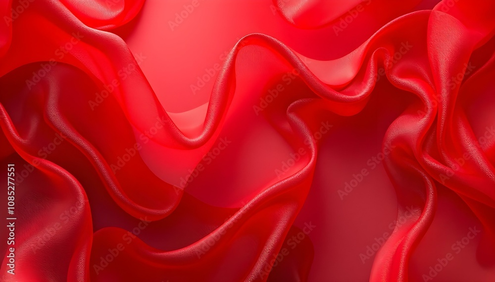 Fototapeta premium Abstract background featuring semi-transparent red silk fabric with flowing drapery and soft, elegant texture. Red unusual background with subtle rays of light