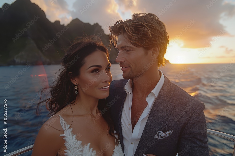 Couple sharing an intimate moment on a boat during sunset near dramatic mountain landscape