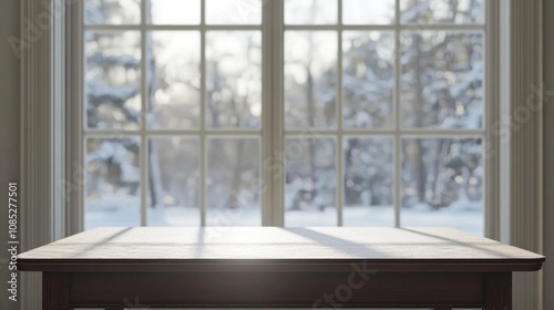 A table with a window in the background