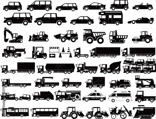いろんな車　白黒シルエット（乗用車・働く車）（修正版）