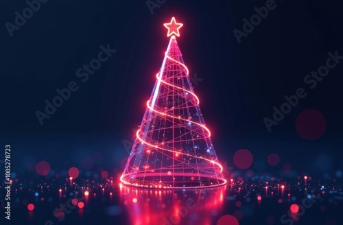 Modern futuristic digital holographic holiday tree in virtual reality. New Year and Christmas concept with new technologies. Futuristic digital greeting card photo