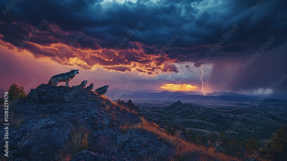Fototapeta premium Wolf Pack Howling on Ridge with Approaching Thunderstorm