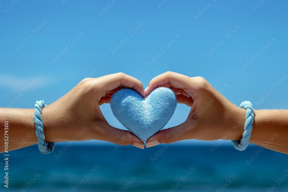 Two hands forming a heart shape with a soft blue object on a sunny beach with clear skies and gentle waves in the background Two hands forming a heart shape with a soft blue object on a sunny beach with clear skies and gentle waves in the background