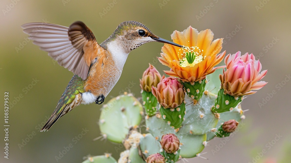 Fototapeta premium Hummingbird Feeding on Cactus Flower in Desert Landscape