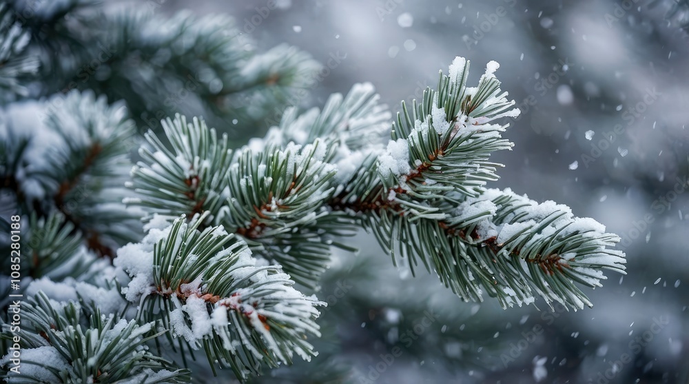 Winter scene - snow falling on frosted pine branches covered with snow on blurred background - generative ai Winter scene - snow falling on frosted pine branches covered with snow on blurred background - generative ai