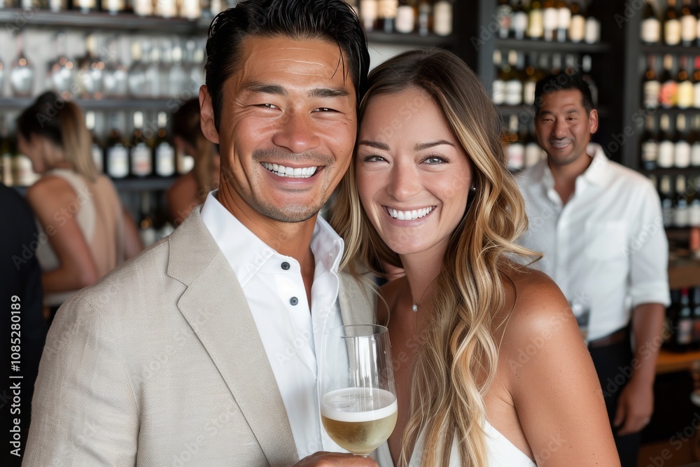 Happy couple celebrates at a trendy bar while holding glasses of sparkling wine in a lively atmosphere Happy couple celebrates at a trendy bar while holding glasses of sparkling wine in a lively atmosphere