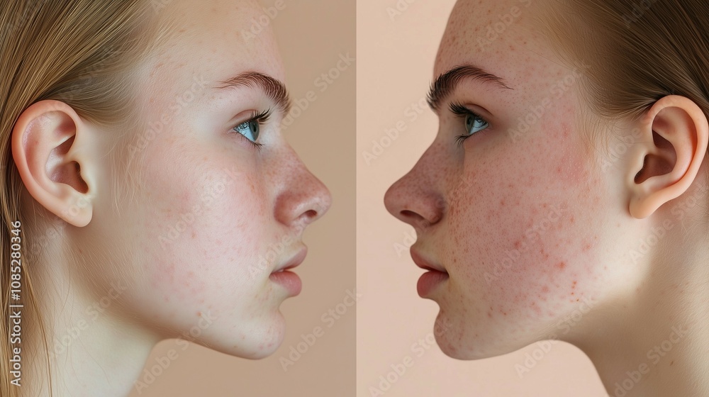 Side closeup of woman with acne on face with rash skin ,scar and red spot. Seasonal or cosmetic allergic concept Side closeup of woman with acne on face with rash skin ,scar and red spot. Seasonal or cosmetic allergic concept