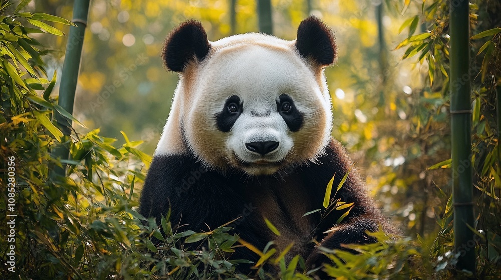Obraz premium Panda Bear Eating Bamboo in a Chinese Forest