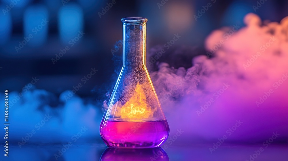 A glowing flask filled with purple liquid and colorful smoke, representing scientific experimentation. A glowing flask filled with purple liquid and colorful smoke, representing scientific experimentation.