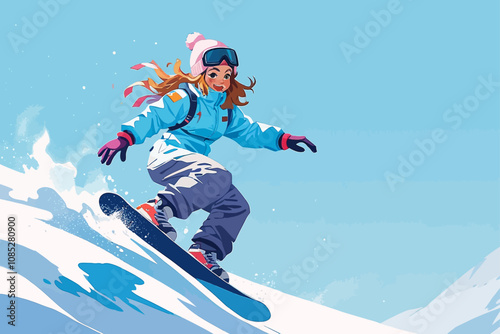  Female  character snowboarding on the mountain 