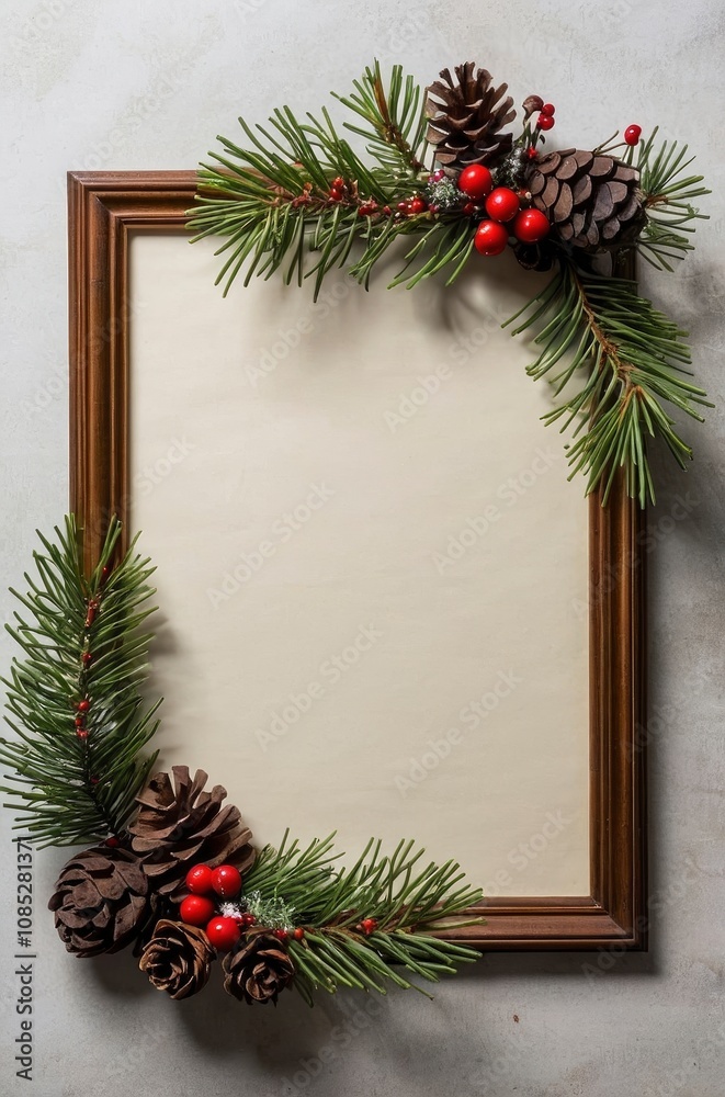 A blank piece of parchment paper framed by a Christmas garland of pine boughs, pine cones and holly. - generative ai A blank piece of parchment paper framed by a Christmas garland of pine boughs, pine cones and holly. - generative ai