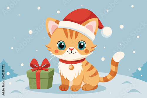 A cute Christmas baby cat with big sparkling eyes, light brown fur with white spots, and a fluffy white chest, lying next to a red and white wrapped gift. The deer is wearing a festive Santa hat ador 