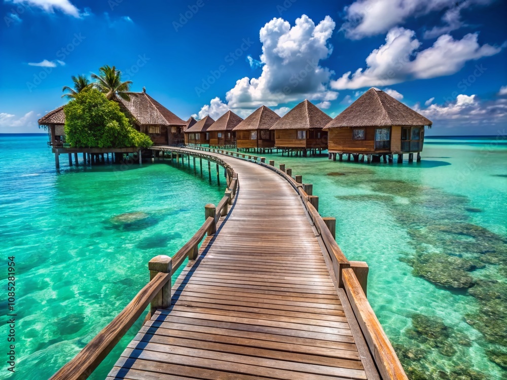 Luxurious Water Villas on Pier, Turquoise Ocean, White Sand Beach Luxurious Water Villas on Pier, Turquoise Ocean, White Sand Beach