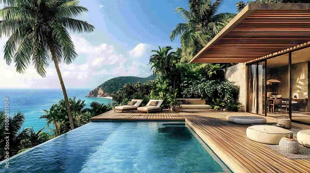 Obraz premium Luxurious poolside view overlooking the ocean and lush greenery.