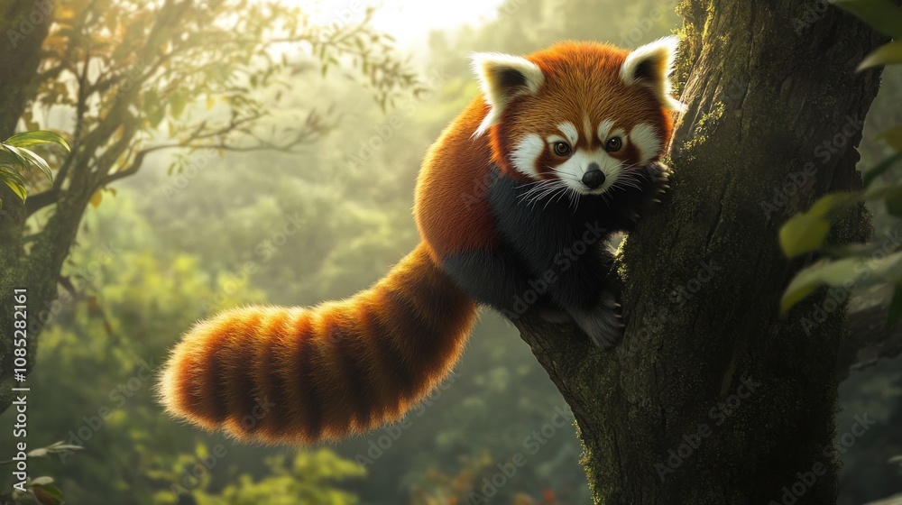 Naklejka premium Red Panda Perched on a Tree Branch in the Forest