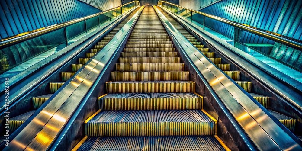 Fototapeta premium Metal Escalator with Rubber Handrails Stairs - Documentary Photography