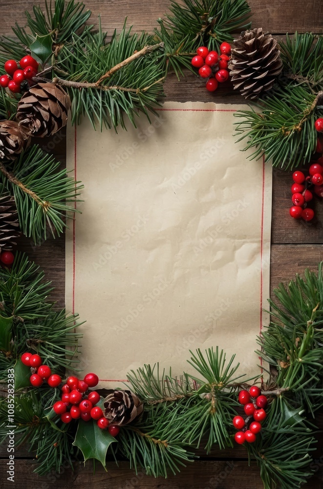 A blank piece of parchment paper framed by a Christmas garland of pine boughs, pine cones and holly. - generative ai A blank piece of parchment paper framed by a Christmas garland of pine boughs, pine cones and holly. - generative ai