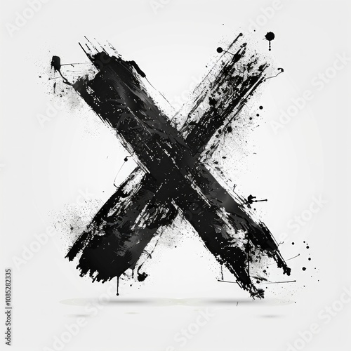 Abstract black 'X' brushstroke with rough edges on a white background. Modern grunge art element for creative design. Generative AI