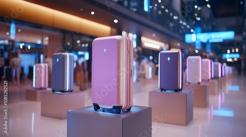 A futuristic luggage display stand in a hightech mall photo