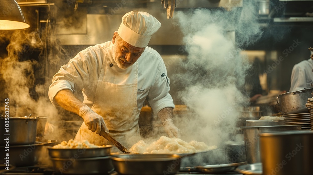 A chef skillfully prepares food in a bustling kitchen filled with steam and pots. A chef skillfully prepares food in a bustling kitchen filled with steam and pots.