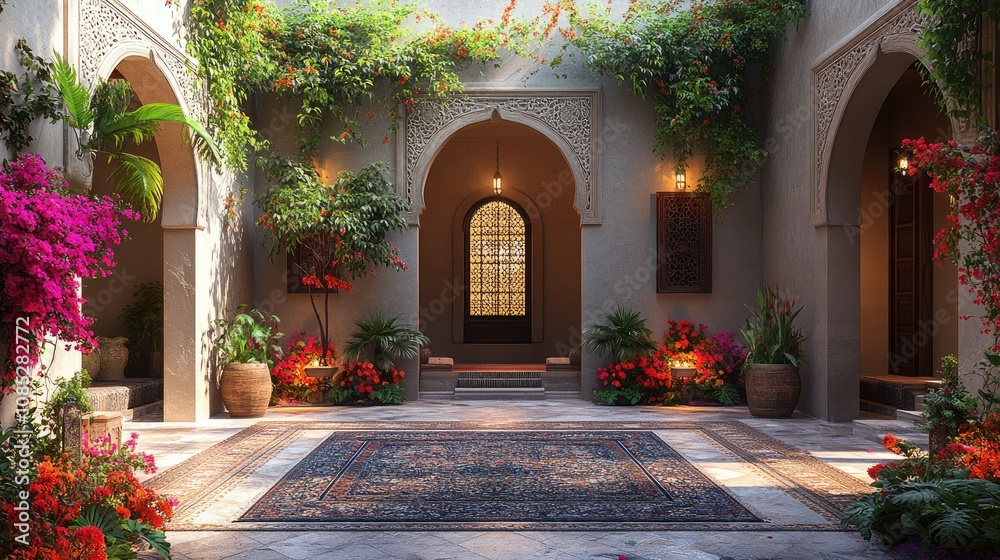 Fototapeta premium Sunlit courtyard with ornate arches, vibrant flowers, and a patterned rug.