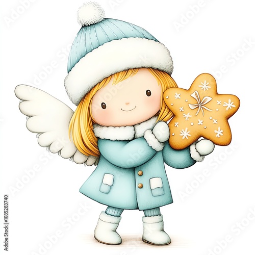 A cheerful angelic girl wearing a winter coat holds a star-shaped cookie, embodying the joy of the festive season. photo